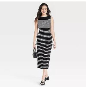 Women's Faux Plisse Midi Sweater Dress - A New Day Black/White Striped Size XL